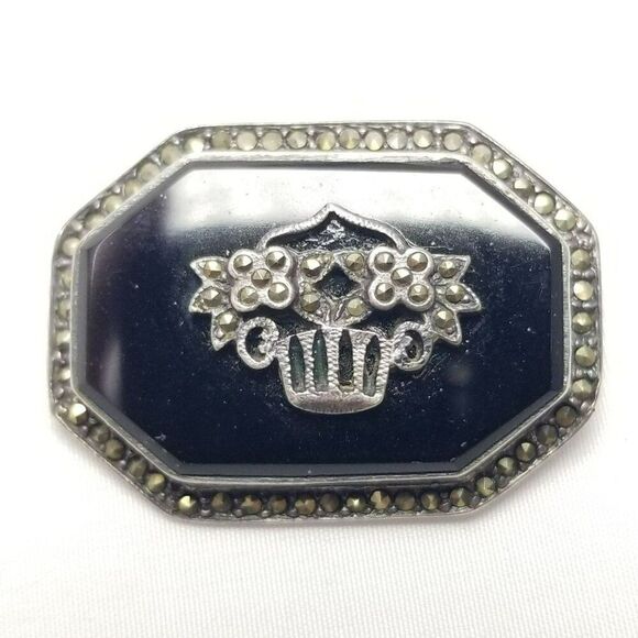 Vintage Sterling Silver Black Onyx and Marcasite Flower Basket Brooch Lapel Pin - Picture 1 of 7